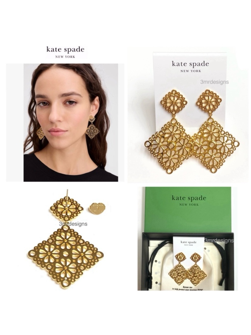 NWT Kate Spade ♠️ SPADE FLOWER 12-K Gold Plated Brass Lace Drop Earrings